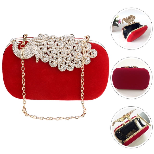 Minkissy Élégante Pochette de Mariage Rouge avec Chaîne Détachable et Incrustation de Strass pour Événements Formels
