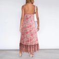 thumbnail image 3 of Vestido largo con escote en V y estampado floral, color rosa, con tirantes finos, espalda descubierta y dobladillo con volantes, estilo veraniego, talla L, 3 of 8