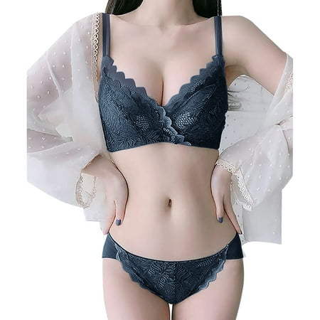 YHGFVOKJ Lingerie for Women Sexy Super Push Up Cleavage Enhancement Bra High Side Design Full Lace Underwear Wireless Lingerie Set Lingerie Sexy Black XXL