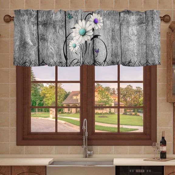 Kitchen Valances for Window, Farm Daisy Shabby Wood Grain Light Filtering Rod Pocket Valance Curtain, Vintage Flower Plant Butterfly Short Curtains Window Topper for Bedroom 54x18in