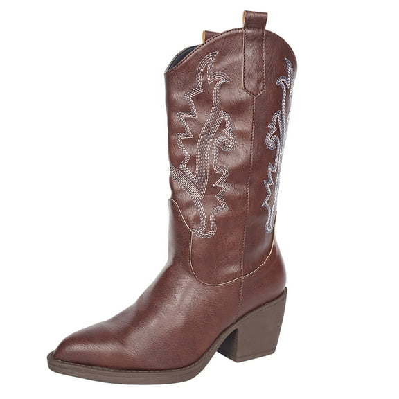 SACFOF Cowboy Boots for Women, Mid Calf Cowgirl Boots Embroidered Mid Calf Chunky Heel Western Boots Brown Black US5-10.5