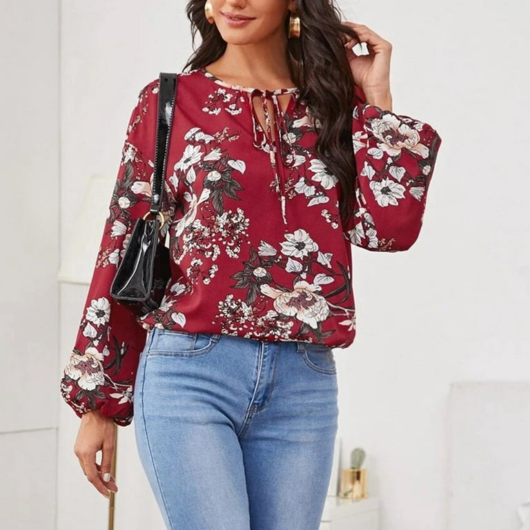 Long Sleeve Shirts Dressy Plus Size Tops for Women Tunic Tops to Wear with  Leggings Comfy Flowy Hide Belly Long Shirt Round Neck Floral Graphic Wine  XXL 