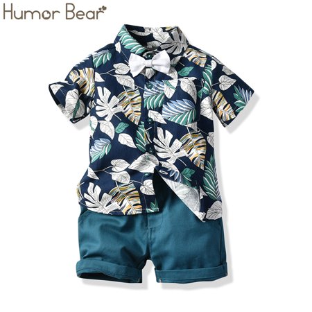 

One opening Boy s Lovely Two-piece Suit Cartoon Printed Shirt with Solid Shorts