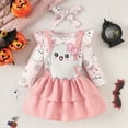 thumbnail image 2 of CONFREE Toddler Baby Girl Halloween Outfits Long Sleeve Cute Ghost Print Tops Suspender Skirt With Hairband 3Pcs Hallowmas Outfit Set Fall Clothing Set, 2 of 7