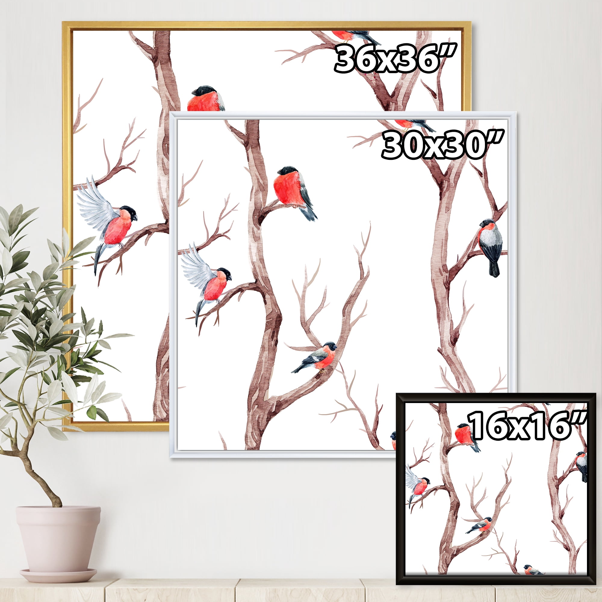 Designart 'Little Birds Sitting On The Tree Branches III' Traditional Framed Canvas Wall Art Print
