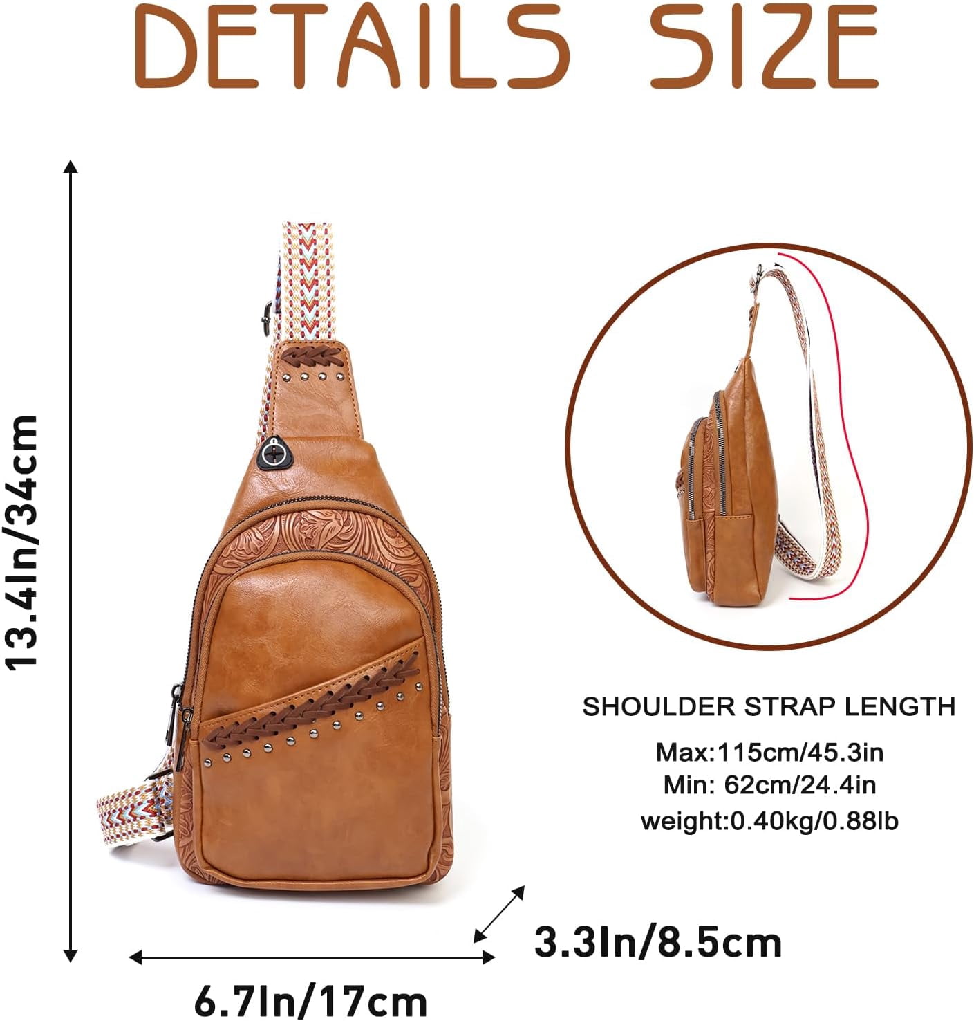 Sling Bag Crossbody Bags for women, Vintage Leather Fanny Pack for Men with Zipper, Adjustable Guitar Strap Anti Theft Crossbody Purse Travel(Brown)