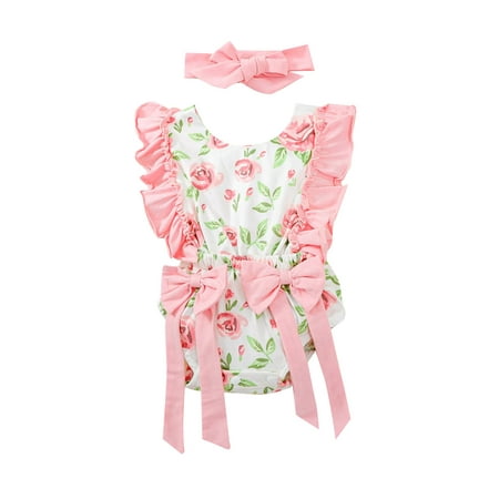 

EYIIYE Kids Girls Summer Floral Print U Neck Fly Sleeve Romper with Hairband