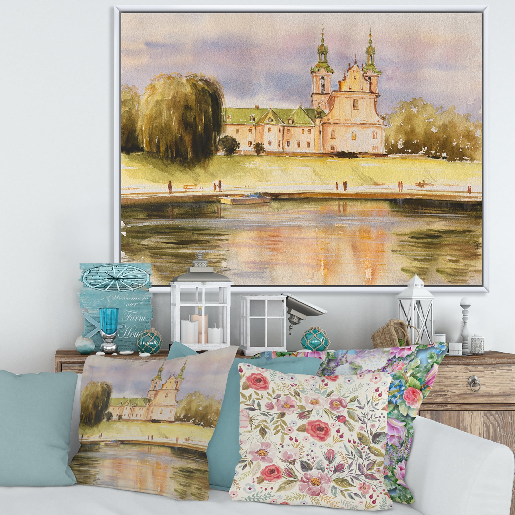 Designart 'Historical Church On The Rock On Banks of The River' Lake House Framed Canvas Wall Art Print