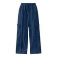 thumbnail image 5 of Baggy Cargo Pants for Women, Elastic Drawstring Waist Solid Casual Pants with Multi Pockets, Lounge Jogging Work Wear | VerBelle,Navy 2XL, 5 of 9