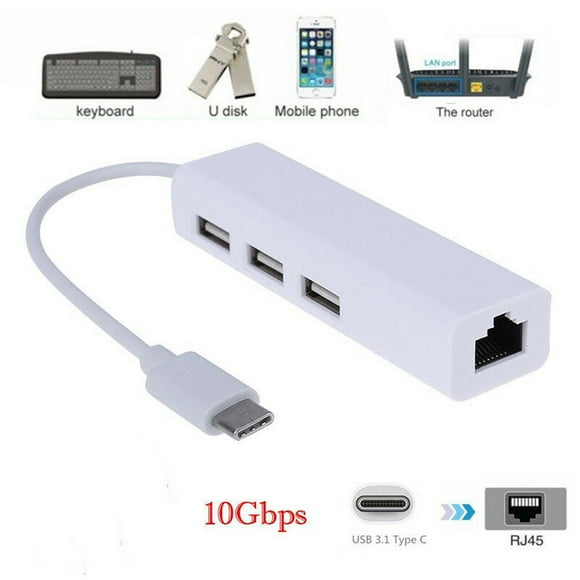 USB 3.1 USB-C Type C to 3 Ports USB Hub with RJ45 Ethernet Lan Adapter Cable for Macbook PC