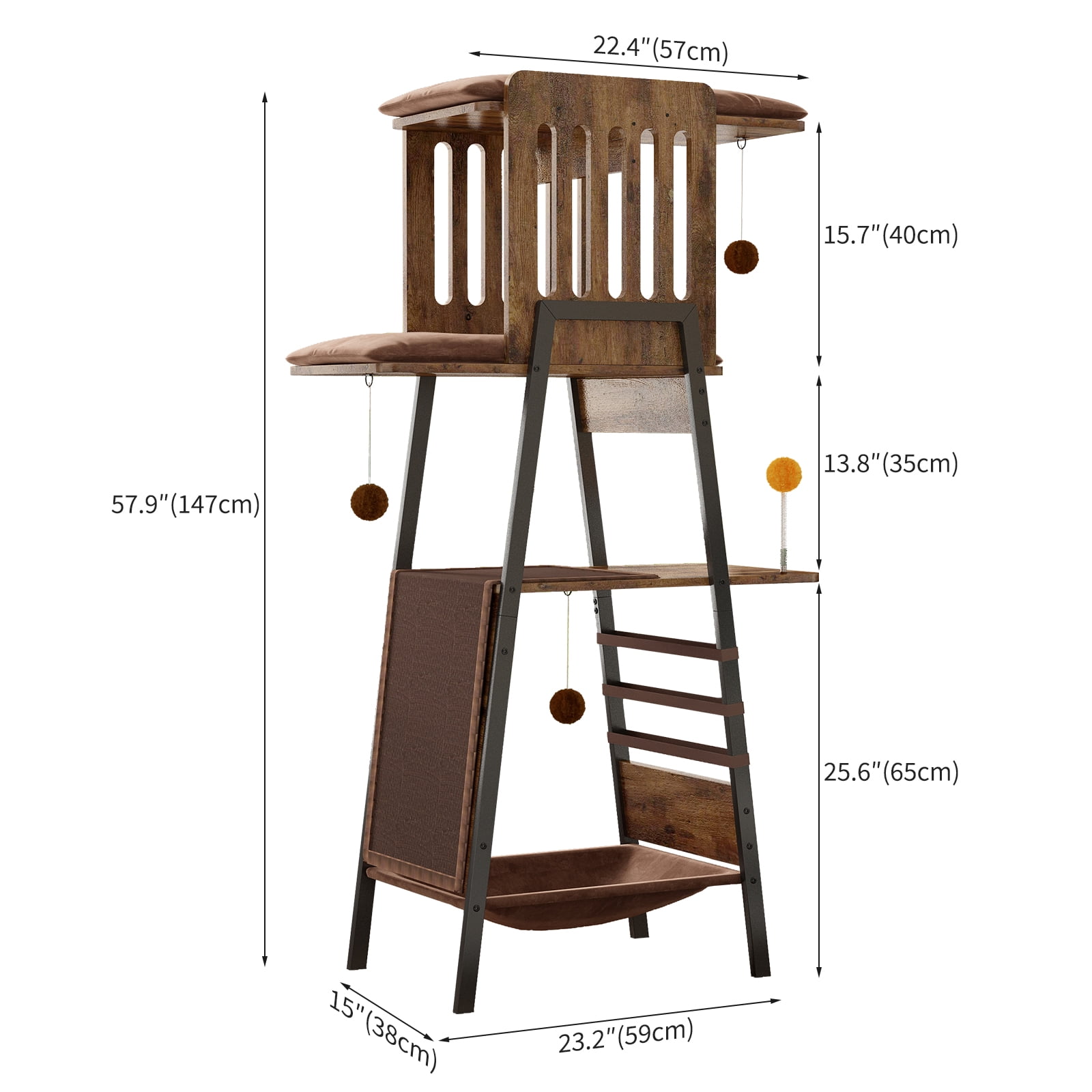 Modern Cat Tree, 58-Inch Cat Tower for Large Cats, Maine Coon Cat Tree with Scratching Board, Large Perch, Hammock and Removable Pads, Rustic Brown
