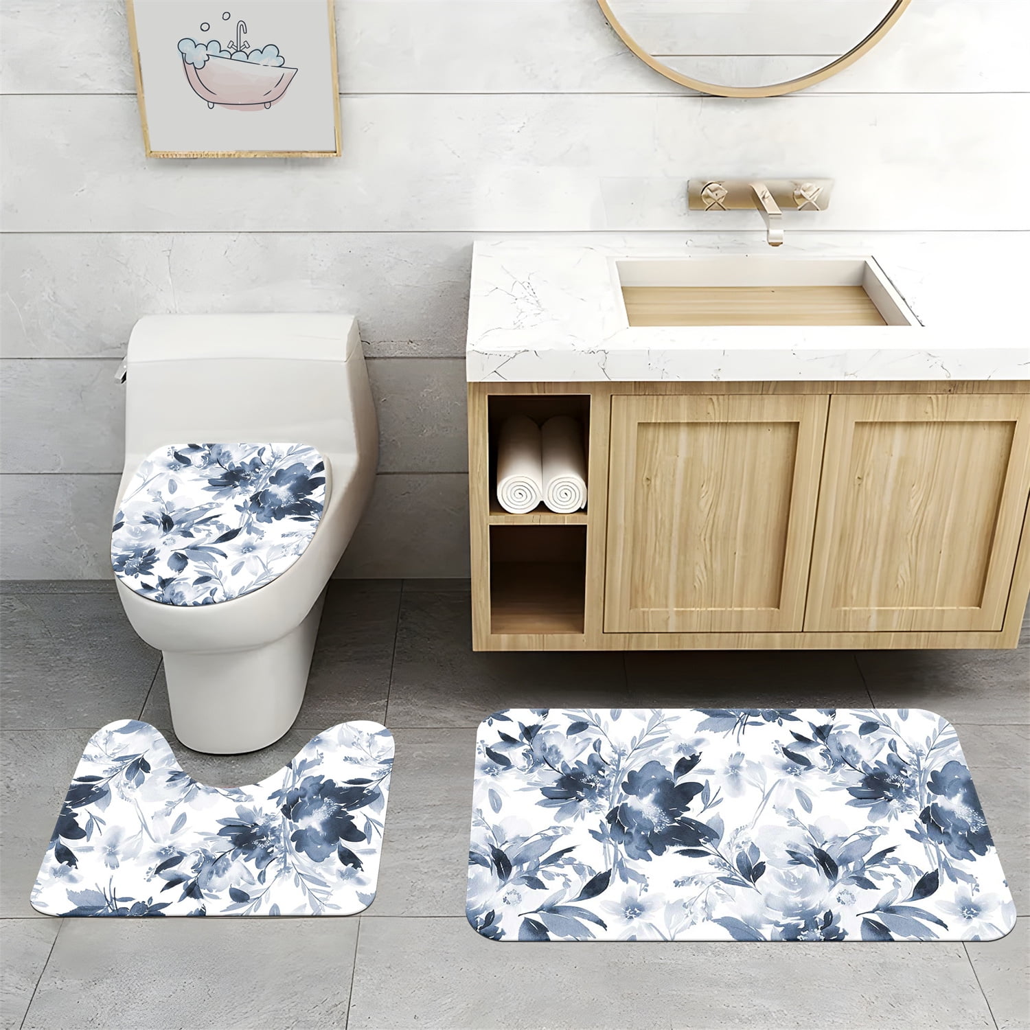 4pcs Navy Blue Watercolor Ink Floral Shower Curtain Set with Hooks