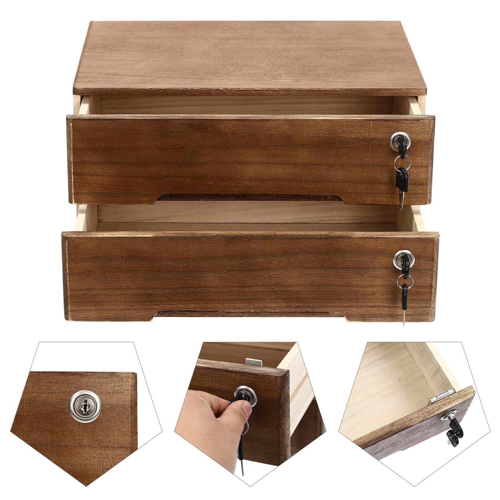 Wooden Desktop Storage Box, 2-Drawer Organizer with Lock, Minimalist Design for Files, Keys, and Daily Essentials in Home or Office