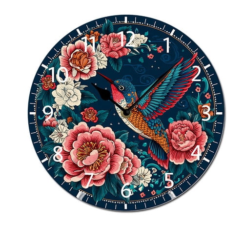 ZXCXRQFa Hummingbirds On Flowers Wall-Clock for Girls Bedroom Analog Battery Operated 10 Inch - Round Wood Wall Clock Silent Non-Ticking Bathroom Bedroom Decor