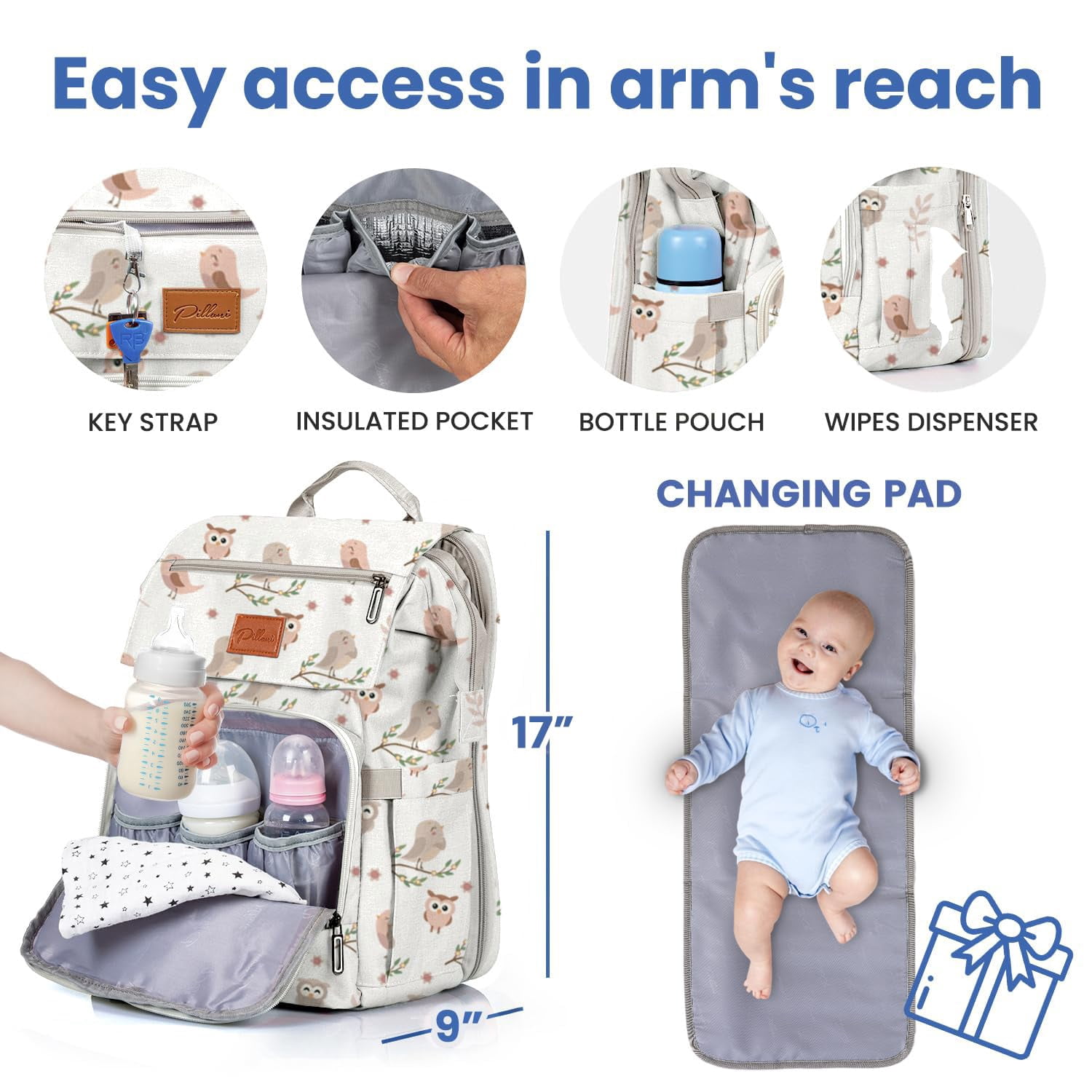 PILLANI Baby Diaper Bag Backpack - Large Bag for Boys & Girls, Waterproof Diaper Backpack - Travel Diaper Bags w/Changing Pad, Baby Registry Search & Shower Gifts - Essentials Must Haves Newborn Stuf