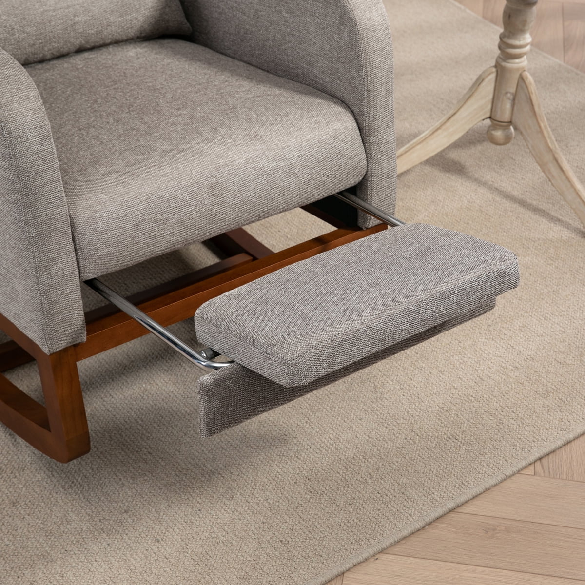 25.4"W Modern Rocking Chair for Nursery, Mid Century Accent Arm Rocker With Retractable Footrest, Side Pocket, Comfy Upholstered Wingback Wooden Glider Chair for Living Room Baby Kids Room. Taupe