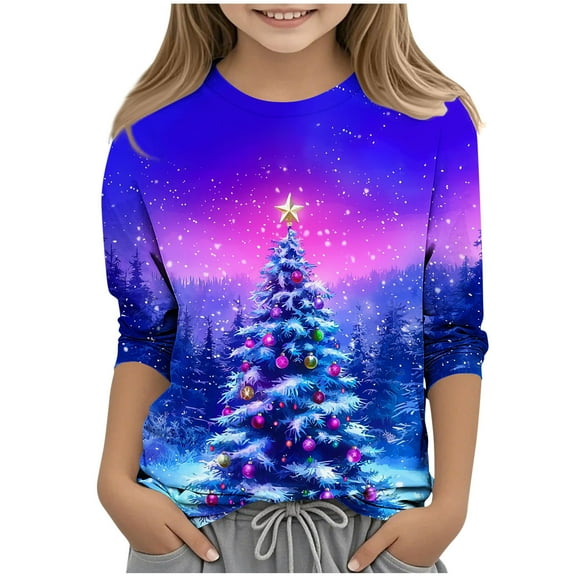 BFHHYA Kids' Boys Girls Christmas T-Shirt - Christmas Tree Printed 3/4-Sleeve Crew Neck Top for Daily Holiday Wear (3-12Y)