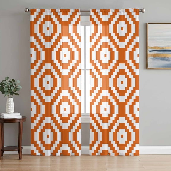 Sheer Curtains 96 Inches Long 2 Panels Set for Living Room, Orange White Geometric Semi Sheer Curtains for Windows, Modern Abstract Art Voile Window Treatments Rod Pocket Curtain