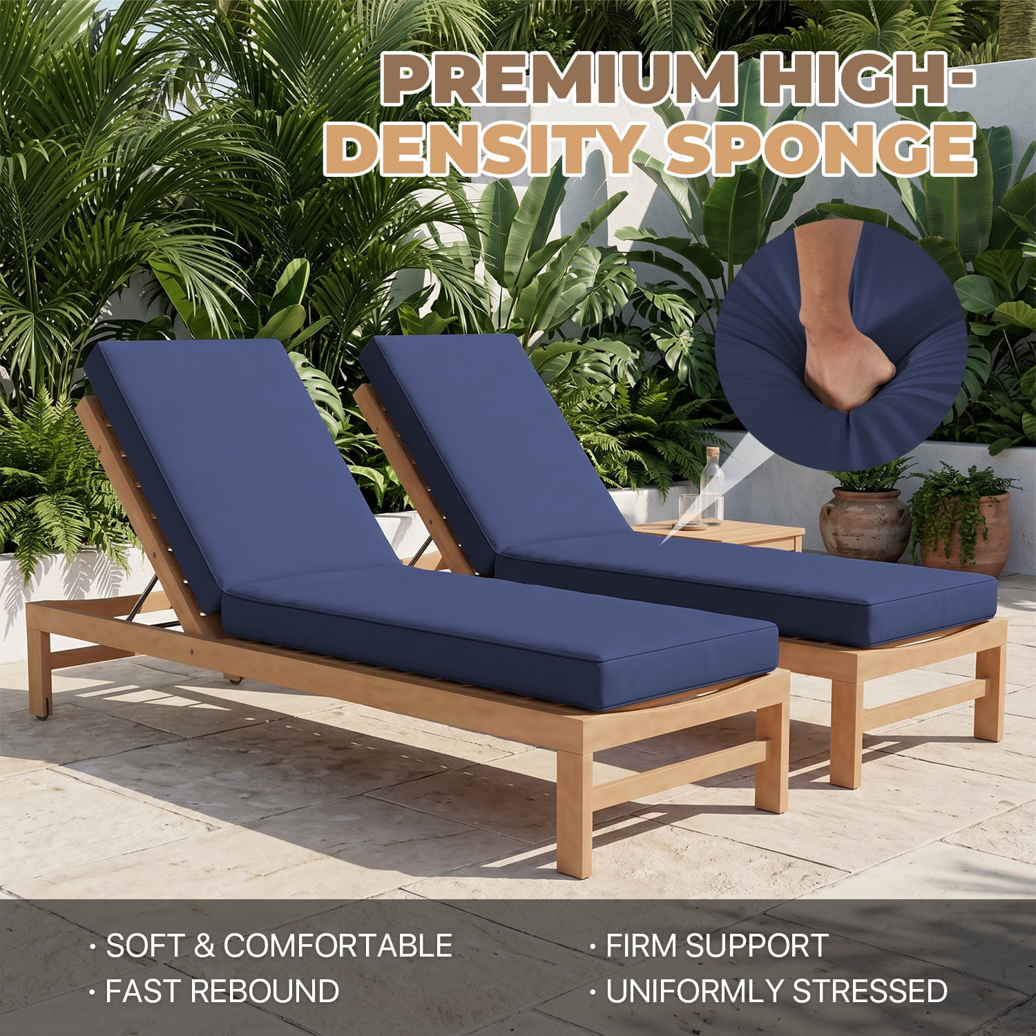 BaPiPro Navy Blue 2 Pack 72x21 Inch All-Weather Waterproof Outdoor Chaise Lounge Cushions, High-Density Foam Patio Pads with Detachable Zipper Covers & Non-Slip Ties for Pool Garden Backyard