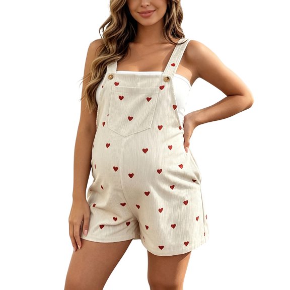 Floleo Women Striped Corduroy Heart Print Adjustable Strap Maternity Short Overalls Loose Casual Pregnancy Suspender Shorts for Daily Summer Outfits(Red,M)