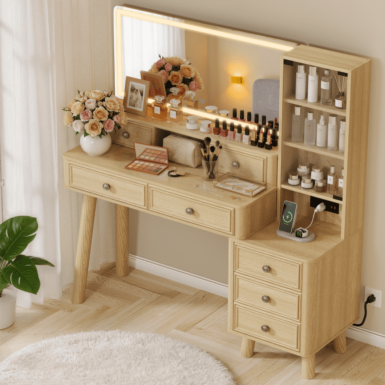 Lacoo 48'' Makeup Vanity Desk with Large 36'' Mirror & Lights, Vanity Set with Charging Station & Storage Drawers, Modern Vanity Table for Bedroom, Oak(2 Pack)