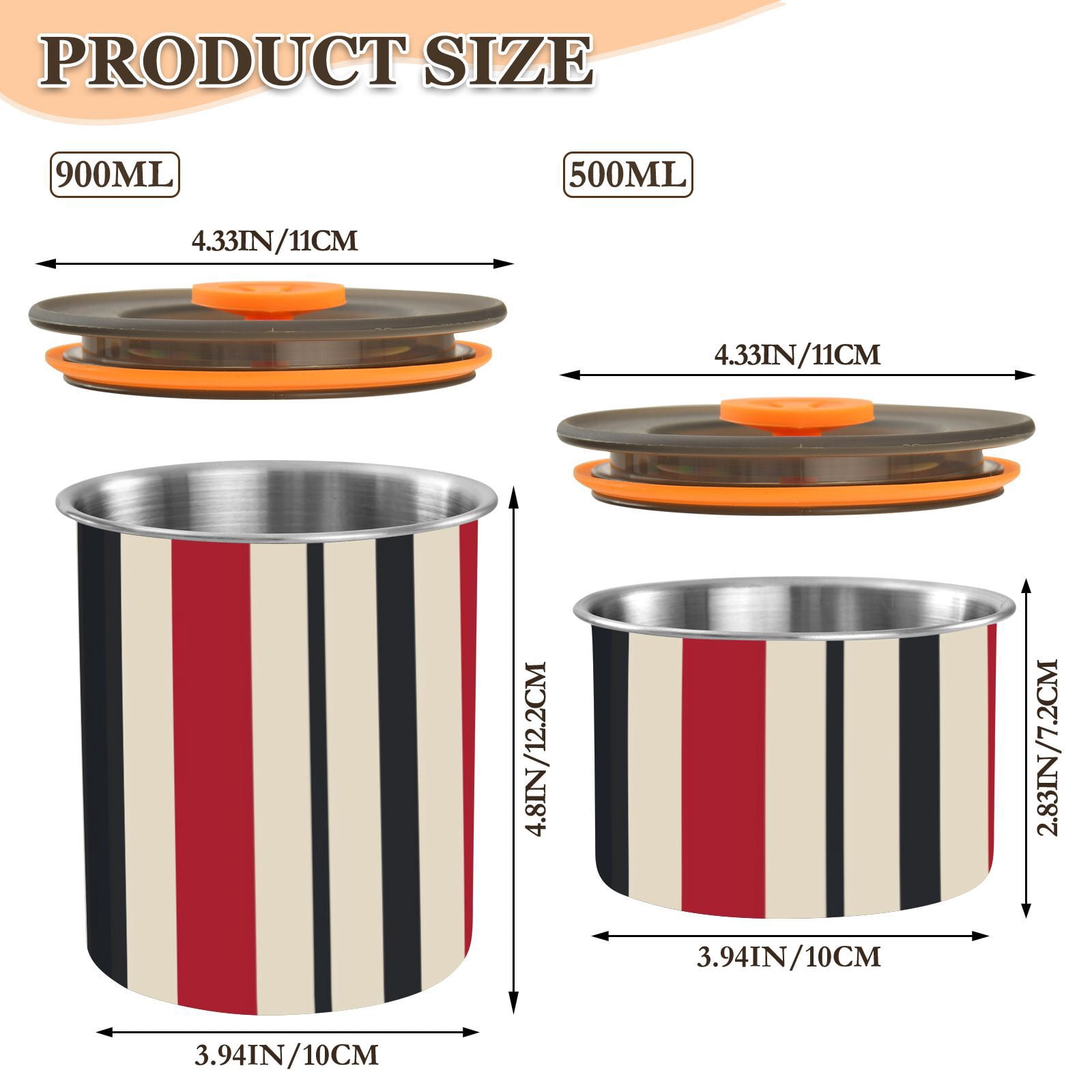 Red & Black Stripes Airtight Coffee Bean Canister 30oz Food Storage Containers with Lids For Gournd, Tea, Sugar, Flour, Rice, Cereal, Candy Cookie Jar