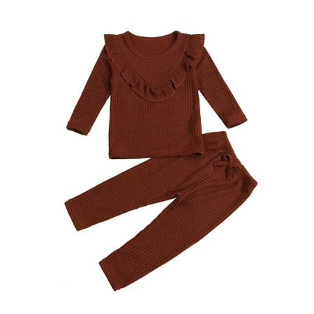 

Frobukio Toddler Baby Girls Autumn Casual Outfits Solid Ribbed Ruffle Long Sleeve Tops Pants Clothes Sets Caramel 3-4 Years