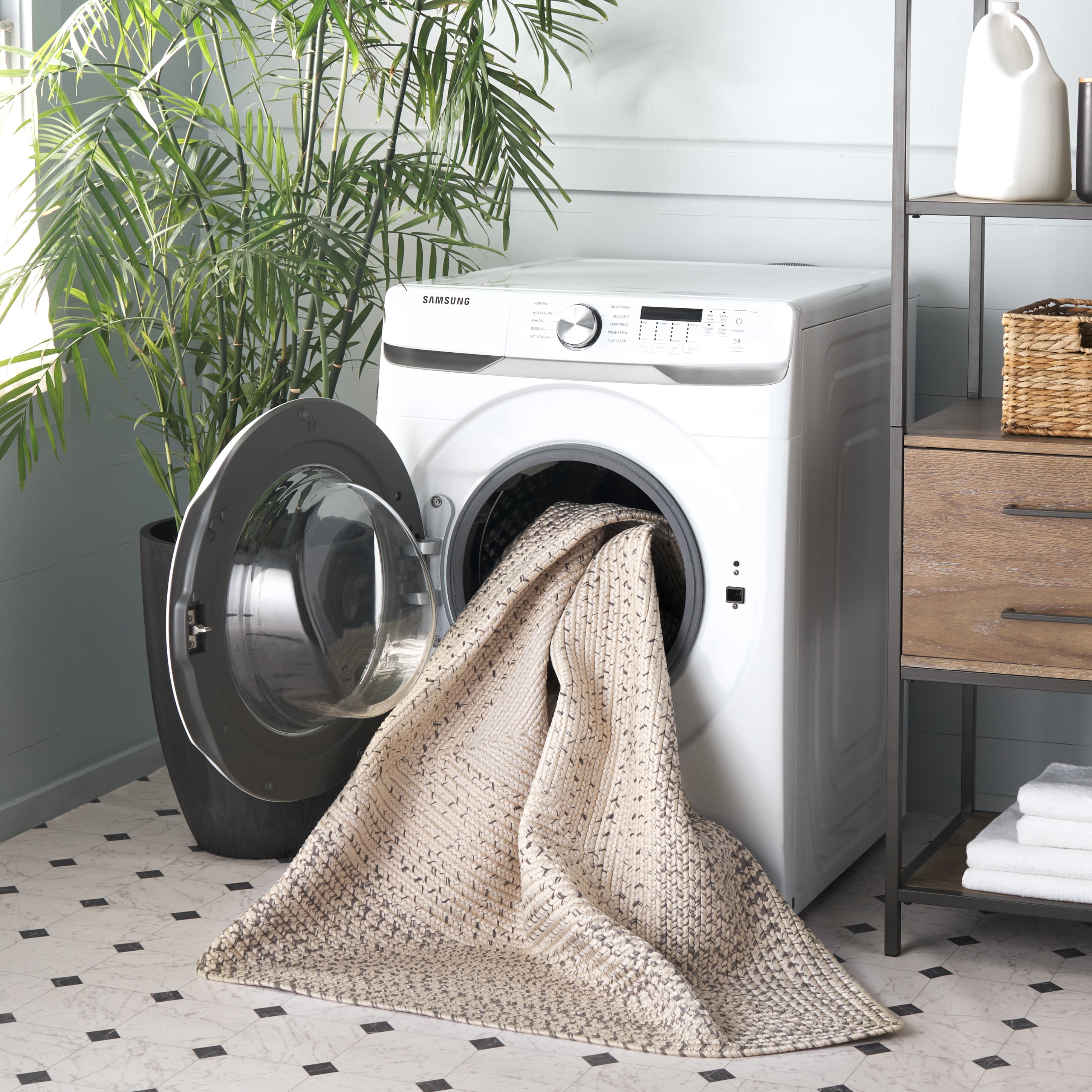 SAFAVIEH Braided Evangeline Bordered Machine Washable Reversible Area Rug, Ivory/Grey, 5' x 8'