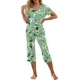 thumbnail image 3 of Womens Pajama Set Trendy Printed V Neck Loungewear Short Sleeved Tops And Pants Set Casual Cozy Sleepwear With Pockets Green S, 3 of 7