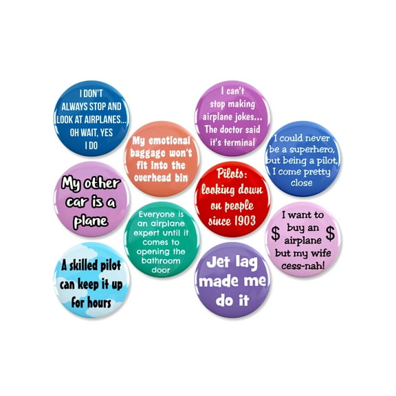 10 Pack - Airplane Humor Pinback Button Badges - 2.25 Inch