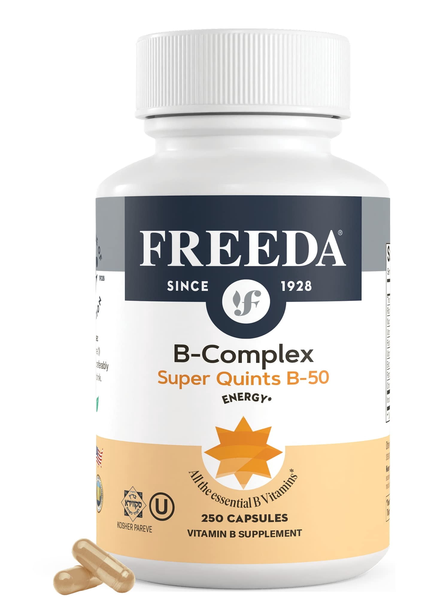 FREEDA Vitamin B Complex - Super Quints B-50 - Kosher Super B Complex Vitamin Supplement for Women & Men with Vitamin B1 Vitamin B2 Vitamin B3 Vitamin B6 Vitamin B12 Plus Folic Acid (250 Capsules)