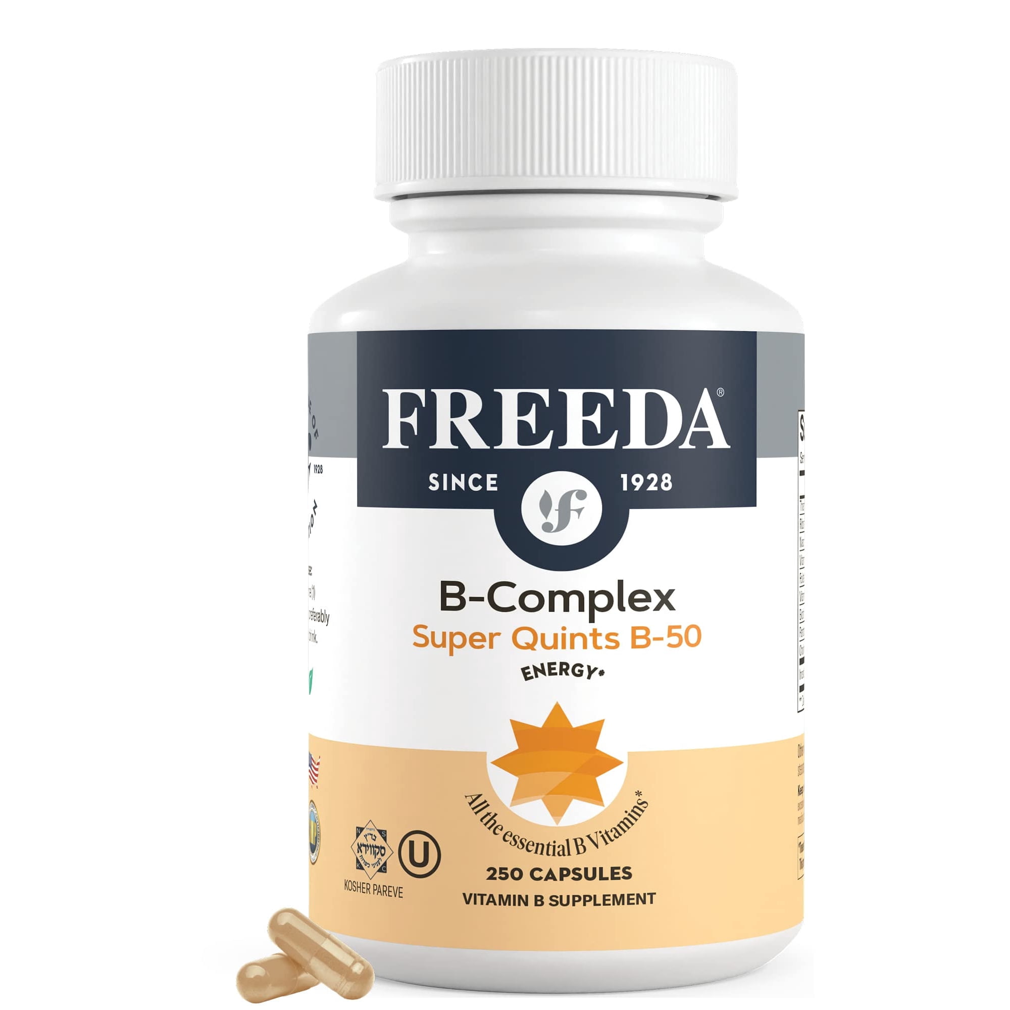Freeda Vitamin B Complex – Super Quints B-50 | High Potency B-Complex for Energy & Metabolism | Vegan, Kosher, Gluten Free | 250 Capsules