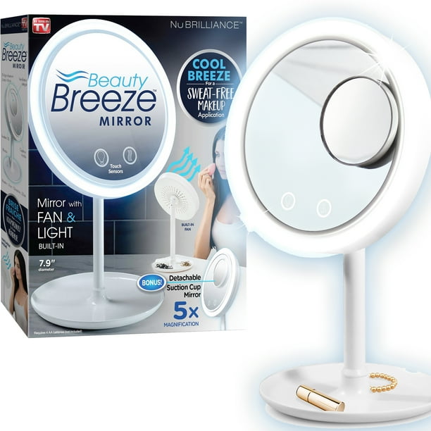 Espejo NuBrilliance Beauty Breeze para Afeitarse y Maquillarse con Iluminación LED Ventilador Incorporado Aumento 5x