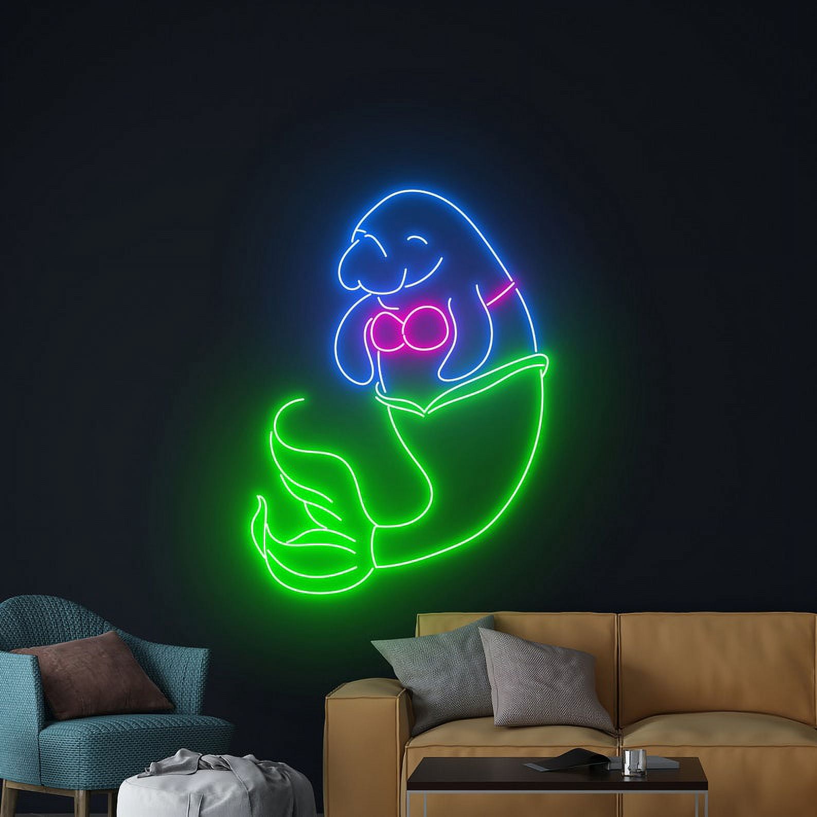 Handmadetneonsign Manatee Mermaid Neon Sign, Mermaid Neon Led light Art Decor, Mermaid Wall Decor