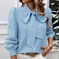 thumbnail image 5 of SWSMCLT Women's Puff Sleeve Blouse Button Up Shirt Fashion Fall Slim Fit Long Sleeve Casual Summer Soft Plaid Bowknot Neck Top Blue X-Large, 5 of 5