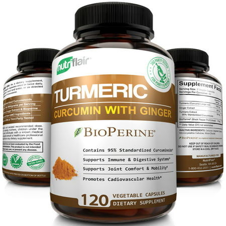 NutriFlair Turmeric Curcumin with Ginger & BioPerine Black Pepper - Best Vegan Joint Pain Relief & Support Turmeric Capsules - High Potency Anti-Aging, Antioxidant, Non GMO, 120 (Best Curcumin With Bioperine)