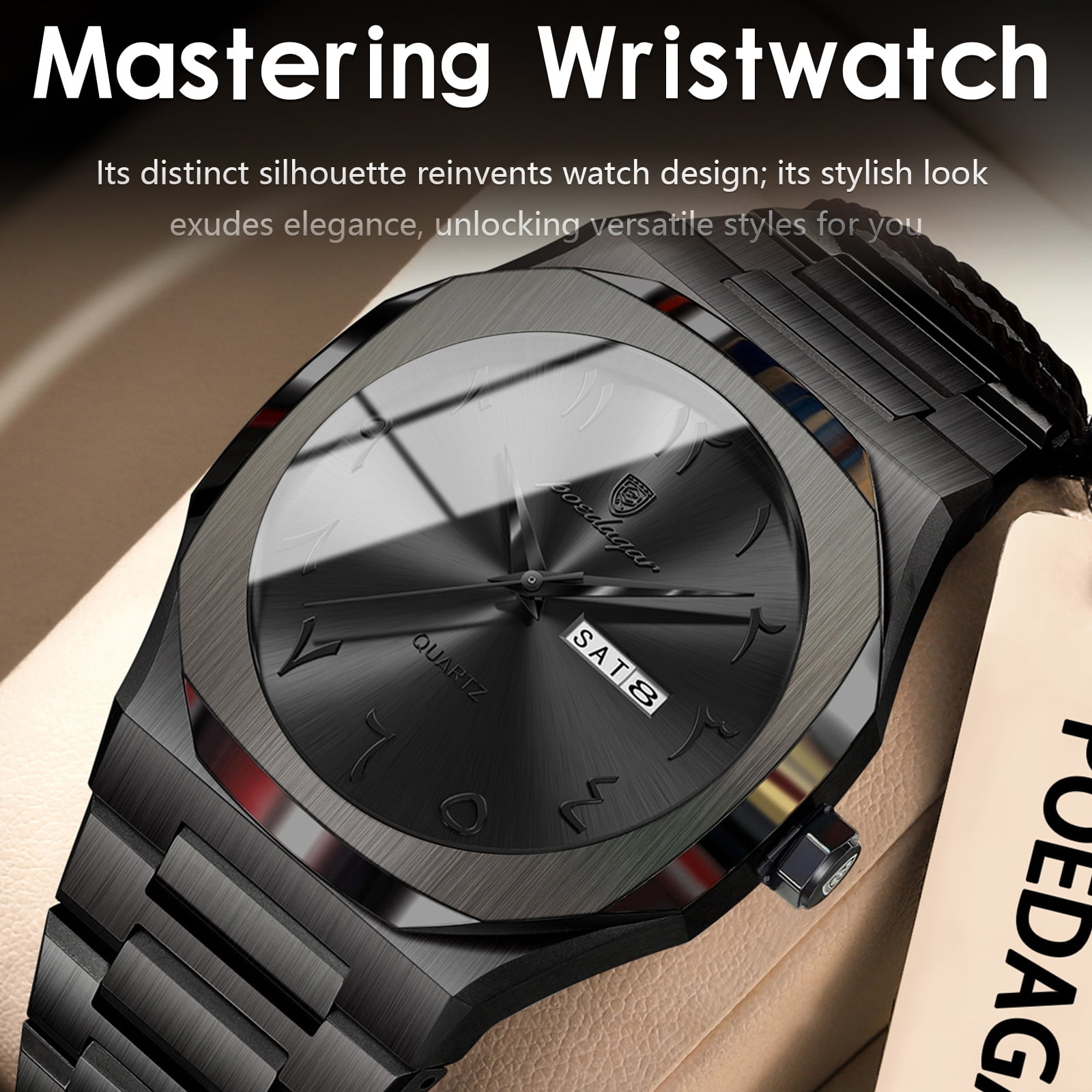 POEDAGAR Men's Luxury Watch Stainless Steel Quartz Wristwatch with Black Dial, 3ATM Waterproof for Daily