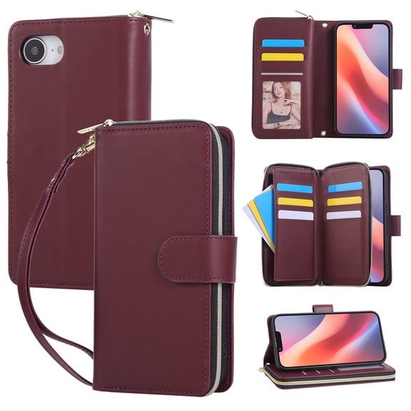 Allytechgroup Wallet Case for Apple iPhone 17e/16e, with Credit Card Slots Cash Pocket Magnetic Closure PU Leather TPU Shock-Resistant Protective Case with Strap Shoulder Lanyard, Winered