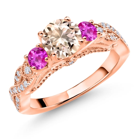 Gem Stone King 18K Rose Gold Plated Silver Peach Morganite Pink Sapphire and White Moissanite Engagement Ring for Women (1.13 Cttw, Gemstone October Birthstone, Round 6MM and 3MM, Size 8)