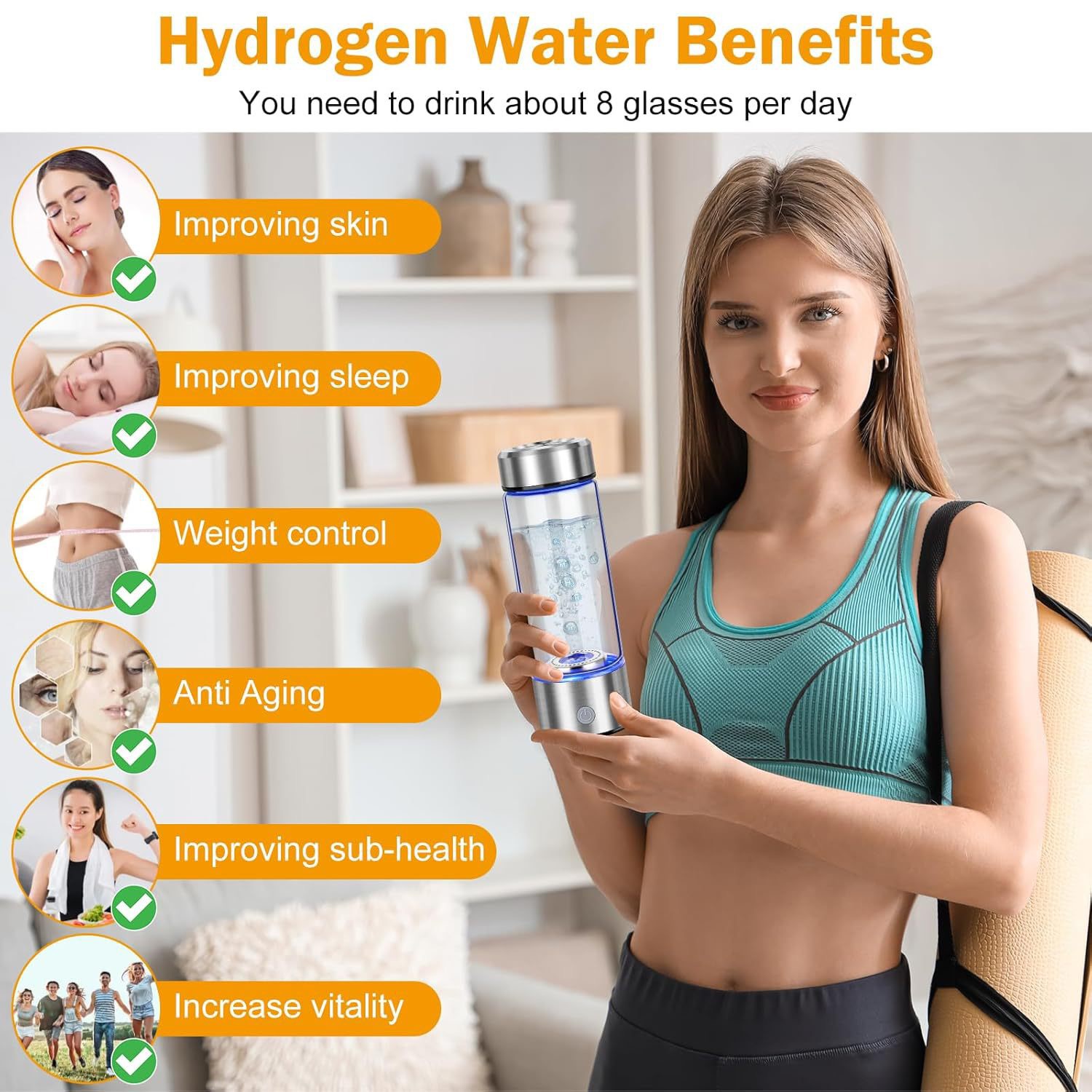 Hydrogen Water Bottle, Hydrogen Water Bottle Generator USB Rechargeable, Hydrogen Water Ionizer Machine Health Cup for Home Travel