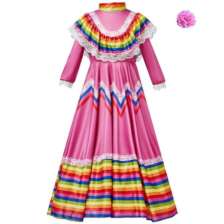 

Girls Outfit Kids Child Girls Mexican Traditional Dress National Style Long Sleeve Dance Princess Dress With Headdress Flower Carnival Birthday Party Dress