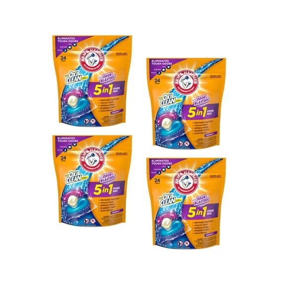 ARM & HAMMER Plus OxiClean With Odor Blasters LAUNDRY DETERGENT 5-IN-1 Power Paks, 24CT (Packaging may vary)Pack of 4