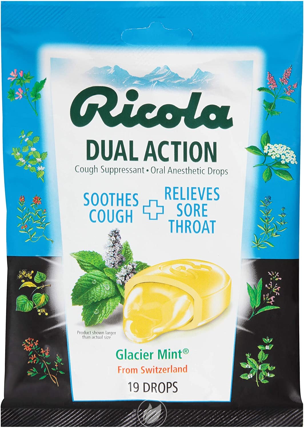 (12 Pack) Ricola Dual Action Cough Suppressant Drops, Glacier mint, 19 Drops