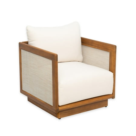 Christopher Knight Home Outdoor Club Chairs, Acacia Wood & Textilene Frame with Cushions, Teak+Beige, Set of 2