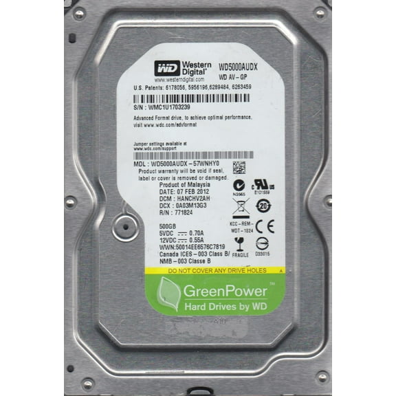 WD5000AUDX-57WNHY0, DCM HANCHV2AH, Western Digital 500GB SATA 3.5 Hard Drive