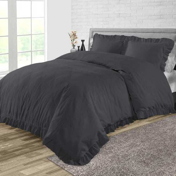 Duvet Cover 3 Piece Egyptian Cotton Cozy & Breathable 600 Thread Count Trimmed Ruffle Duvet Covers with Zipper Closure & Corner Ties Soft Comforter Cover (Oversized King, Dark Grey )