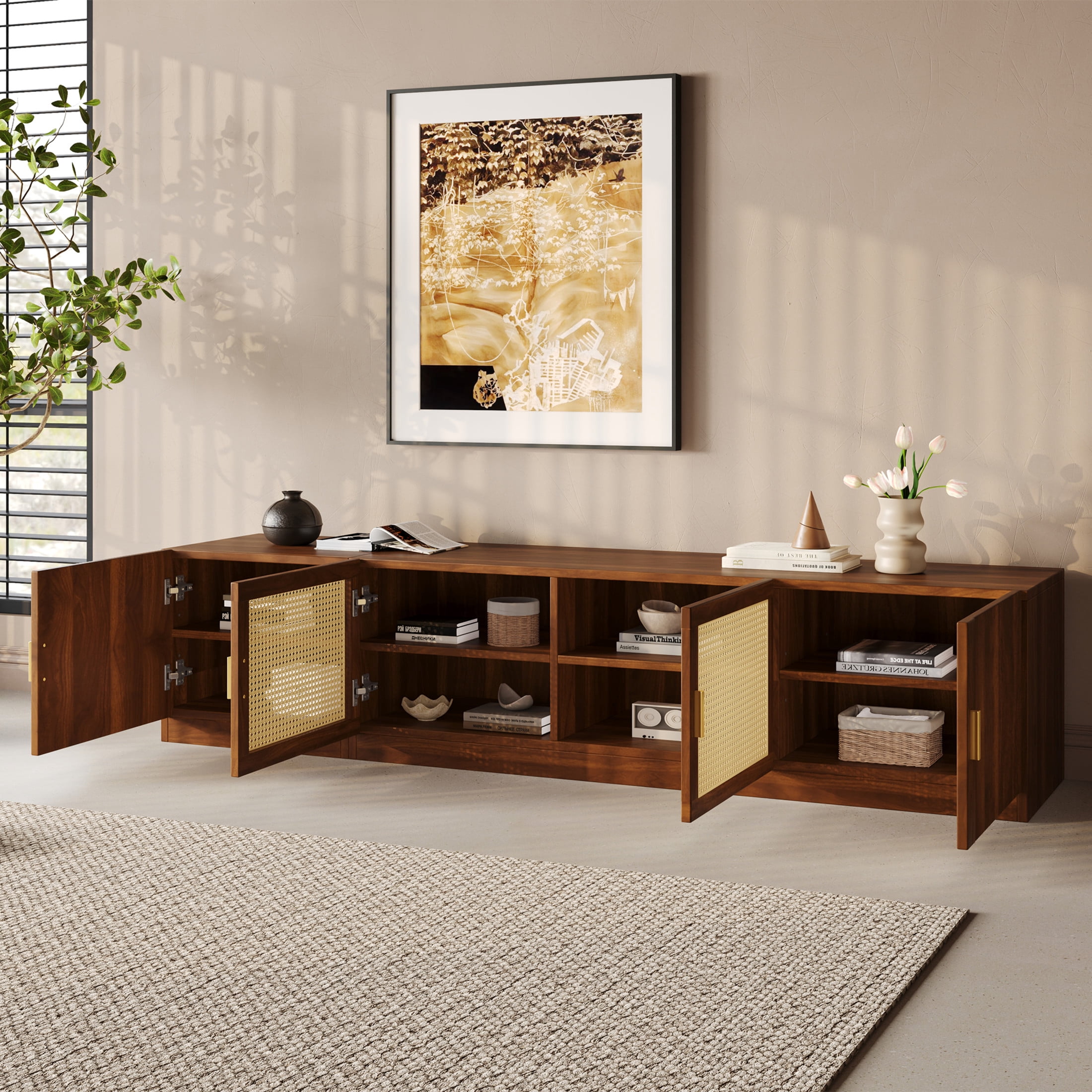 Noble House TV Stand for TVs up to 85", Media Console with Rattan Doors and Adjustable Shelves, Walnut