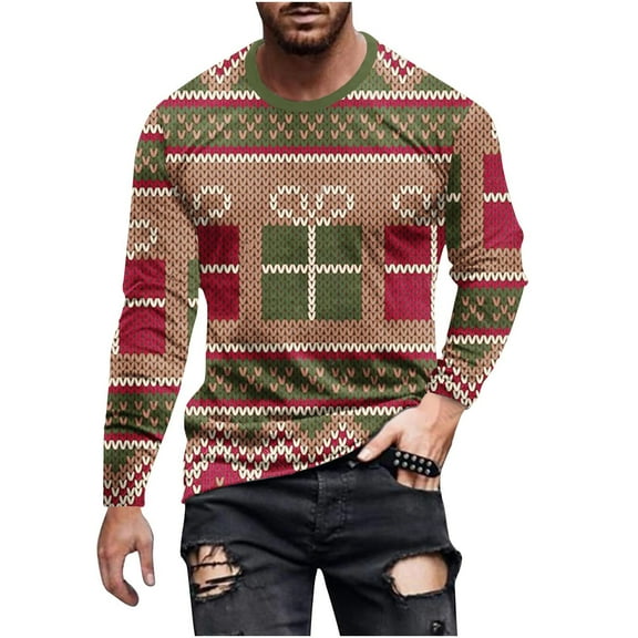 Honeeladyy Men's 3D Print T-Shirts Christmas Print Tee Long Sleeve Round Neck Pullover Tops #Pk-Red-XXL