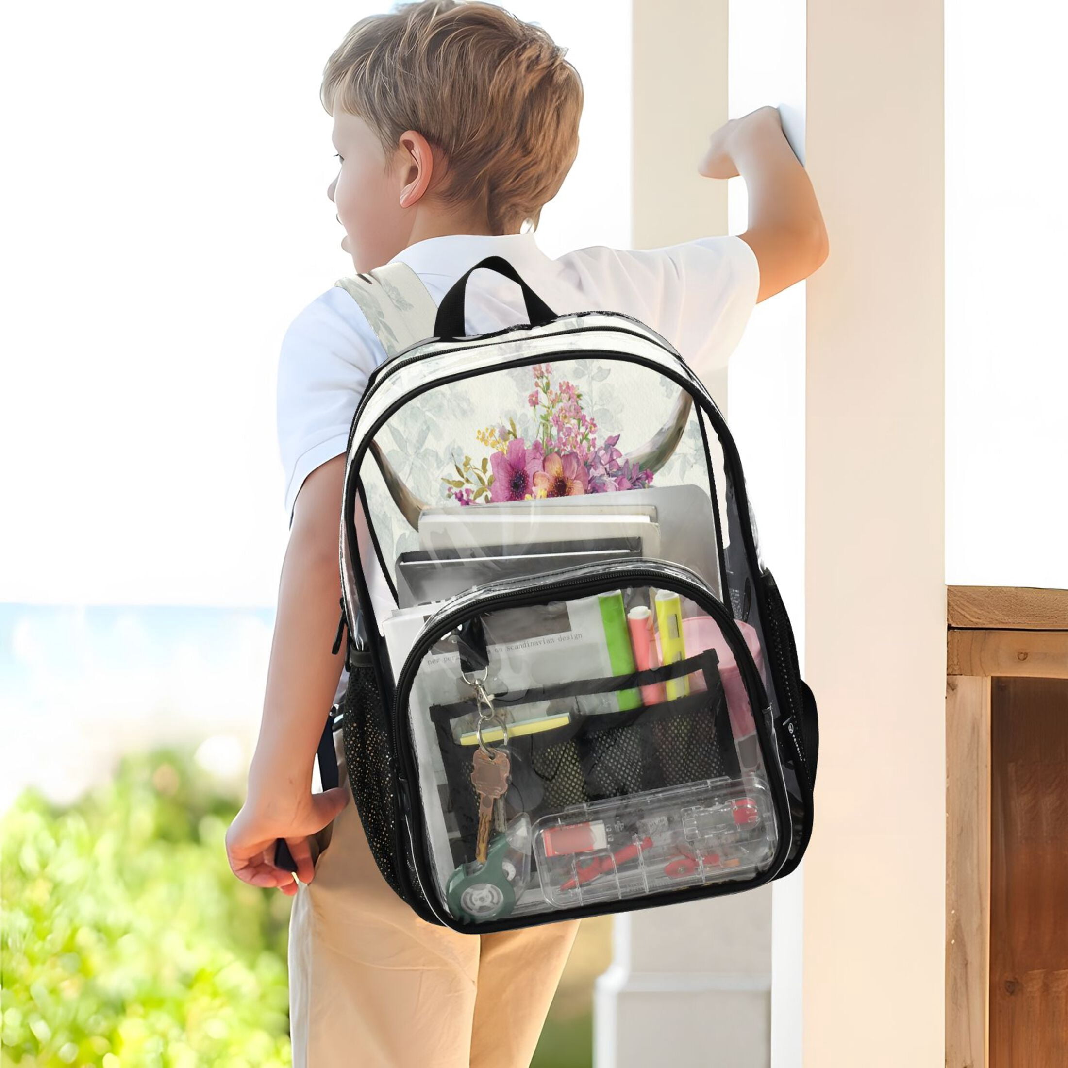 PVC Transparent Backpacks Clear Backpack for Travel and Outings Highland Cow with Wildflowers