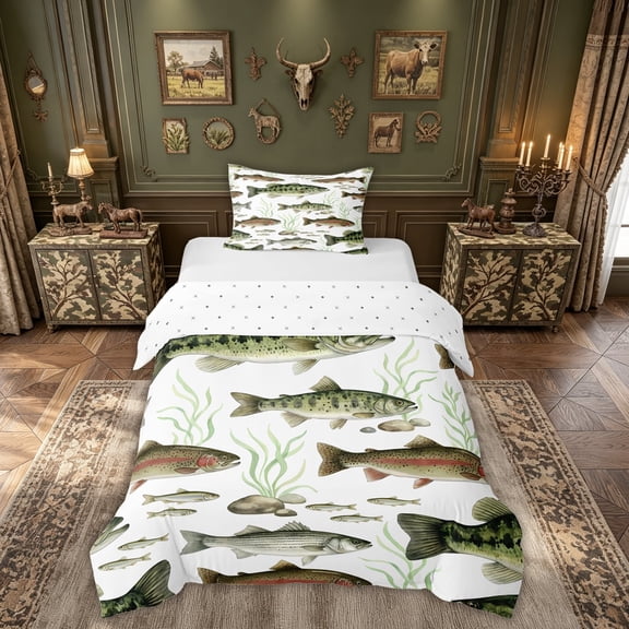 meiyoeat Watercolor Trout Bass Fish Twin Duvet Cover for Men Kids, Rustic Wildlife Twin Bedding, Green Brown, Reversible, 2pcs, 1 Duvet Cover and 1 Pillowcase